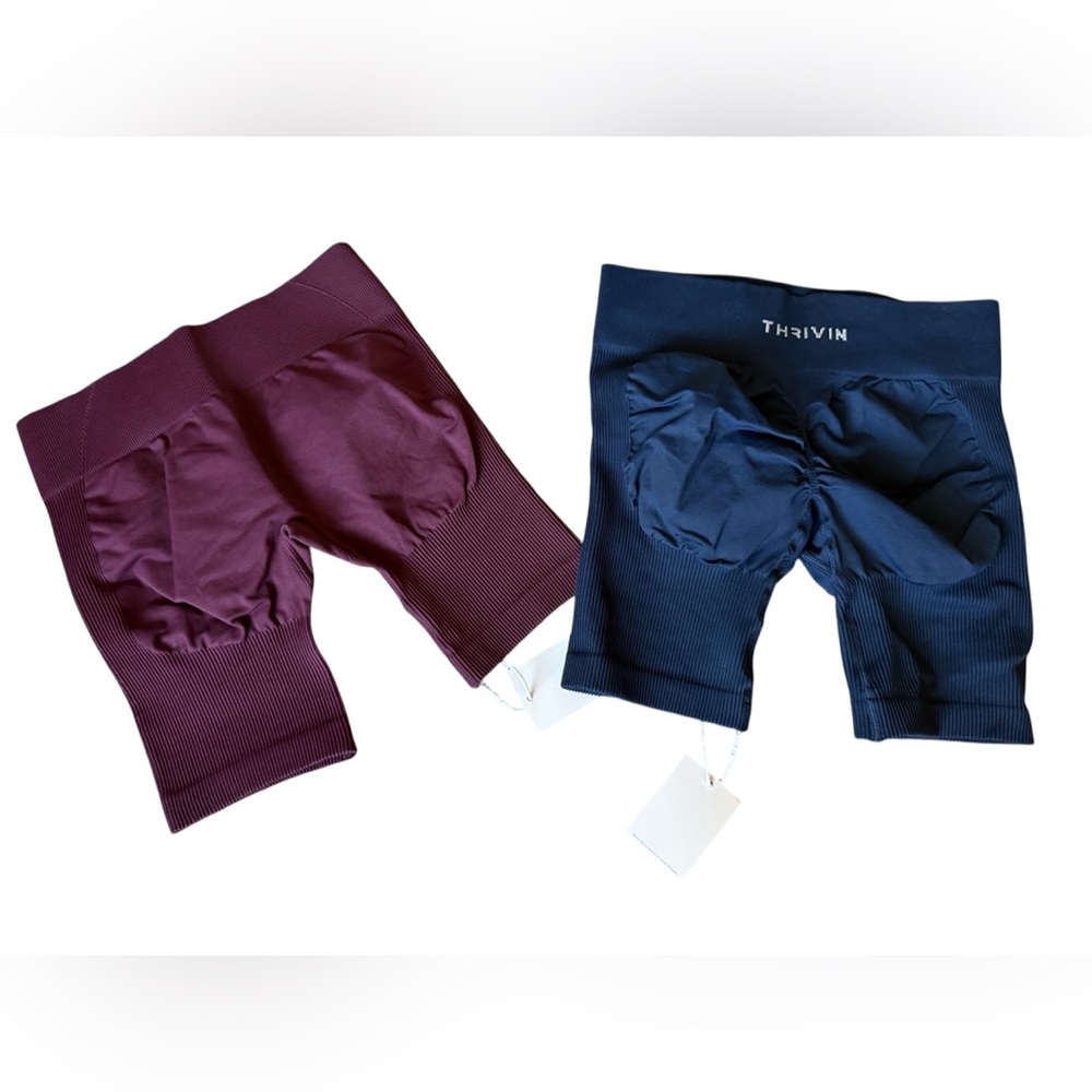 Thrivin Ribbed High-Waist Athletic Shaping Shorts in Navy & Burgundy (2-Pack)
